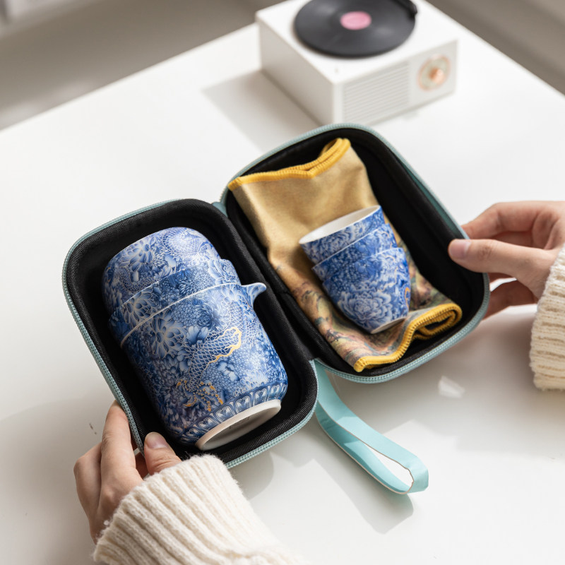 悬停盖碗银龙旅行茶具户外可携式一壶四杯陶瓷泡茶壶收纳包快客杯