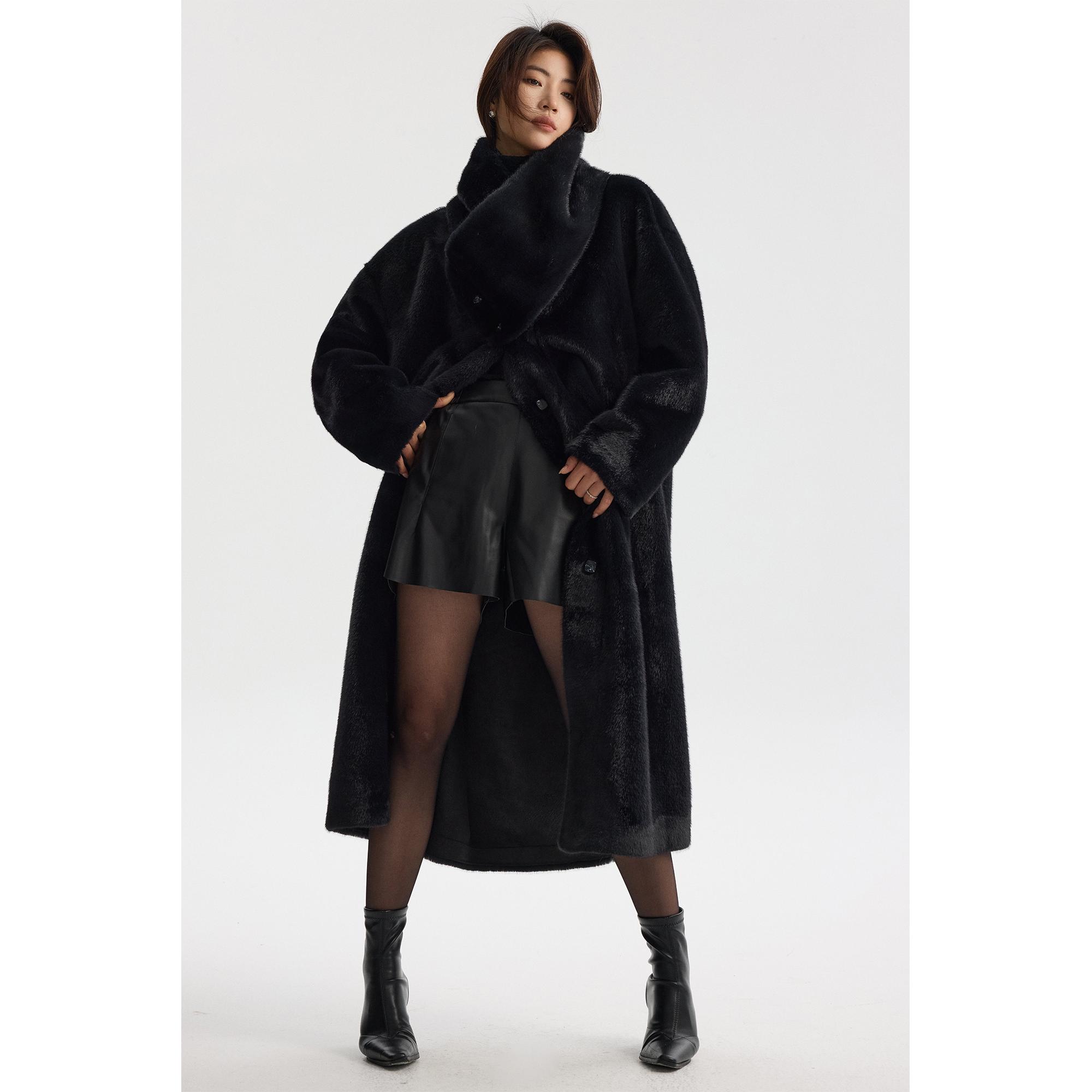 showyee/修野 环保落肩长短款拆卸围巾V领仿水貂皮草大衣毛毛外套