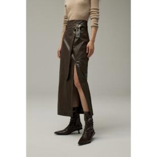 showyee/超模秀场上城朋克酷辣性感直筒开叉秋冬万能皮革半身裙