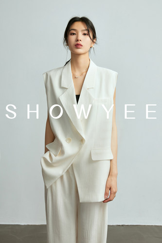 Showyee 时髦轻薄麻感透气肌理西装马甲休闲裤阔腿西裤两件套装