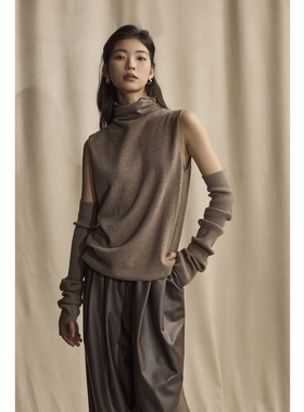 showyee/修野极简风奢用精仿loo%羊毛自由领叠穿袖套针织背心上衣