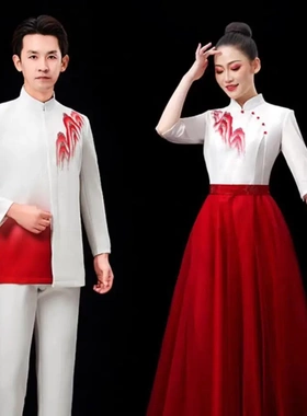 新款中大合唱团演出服女成人长裙学生歌伴舞红歌比赛中式礼服红色