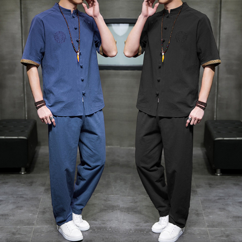 中国风男装亚麻套装夏季