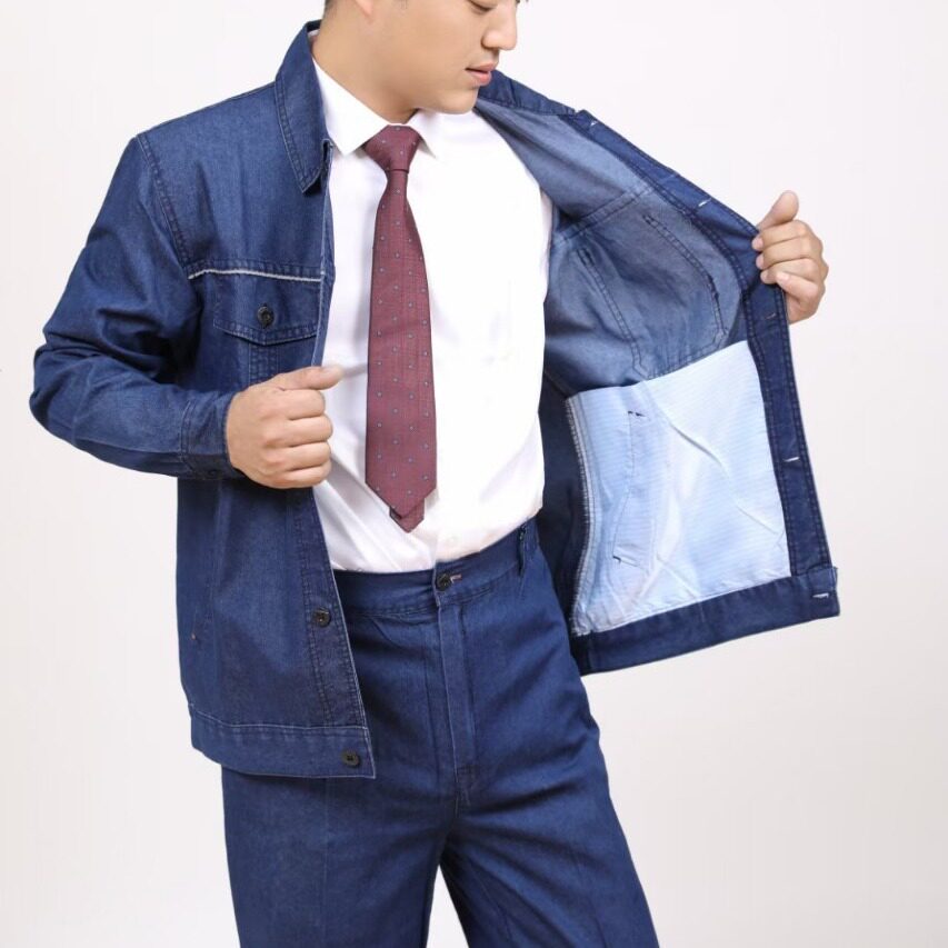珍豪夏季工作服牛仔电焊套装男