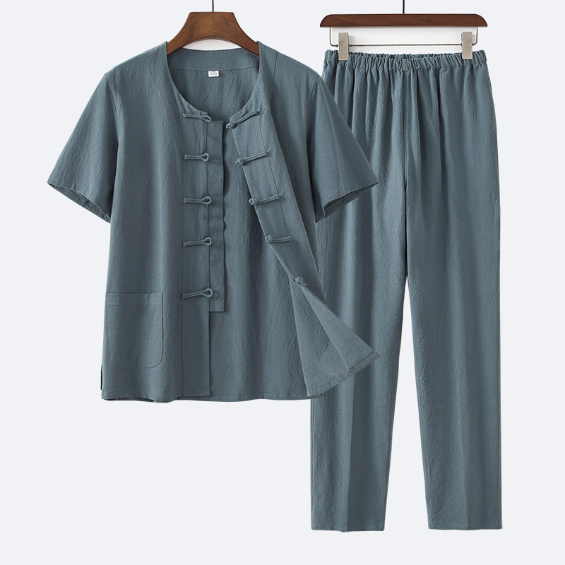 夏季唐装男薄款纯棉短袖套装中国风男装中老年男装中式汉服居士服