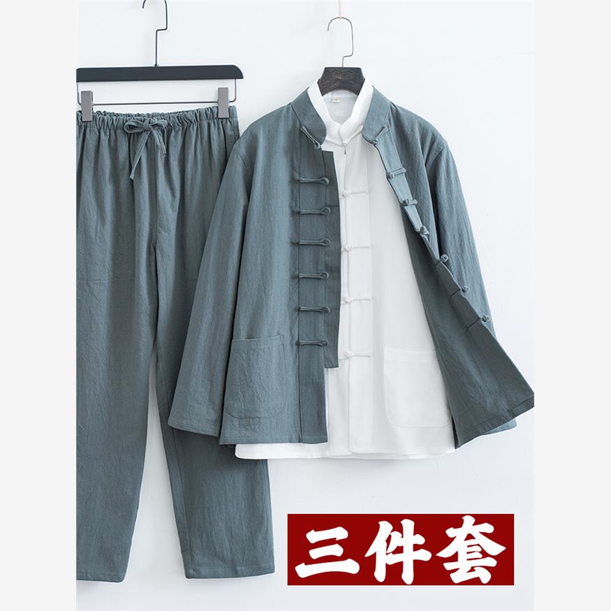 唐装男款棉麻套装三件套