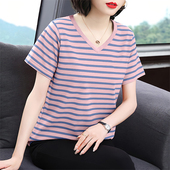 宽松大码 中年妈妈纯棉短袖 条纹体恤衫 新款 遮肚子 t恤女士2026夏装