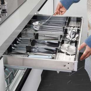 拉篮厨房橱柜不锈钢工具篮单层太空铝抽屉式 阻尼内置物架分隔收纳