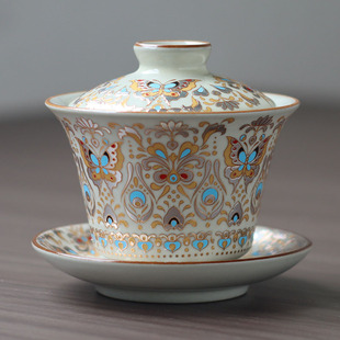 珐琅彩黄汝窑三才盖碗可悬停家用陶瓷开片泡茶碗古风中式功夫茶具