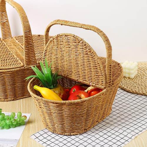 仿藤筐编织手提篮长户外野餐收纳筐水果篮蔬菜筐野餐篮田园采摘篮