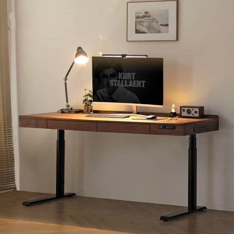 实木电动升降桌自动电竞智能站立式电脑办公黑胡桃木书桌工作台