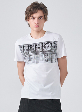 LIUJO UOMO男装夏季棉质提花烫钻logo圆领短袖T恤男简约时尚