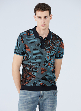 LIU·JO UOMO绿橙色商务休闲翻领Polo领夏季轻薄款针织短袖T恤男