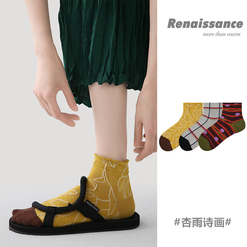 Renaissance原创女袜夏季短袜立体浮雕简约百搭条纹复古风袜子女
