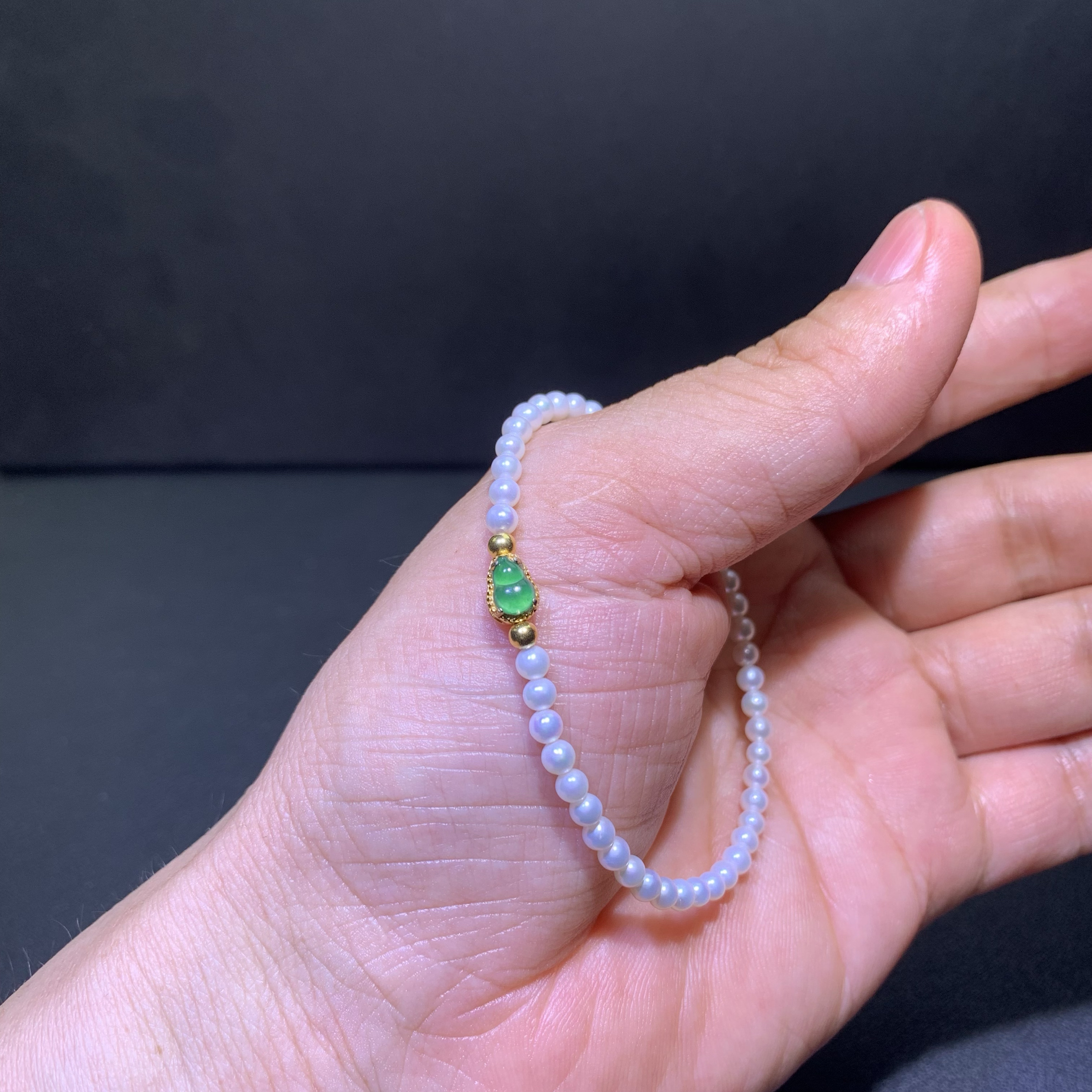 天然A货翡翠冰种阳绿葫芦淡水极光正圆天然珍珠手链手串S925银镶