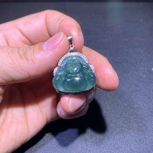 天然A货翡翠高冰种蓝水佛公弥勒佛吊坠S925银镶冰种玉石挂件女款