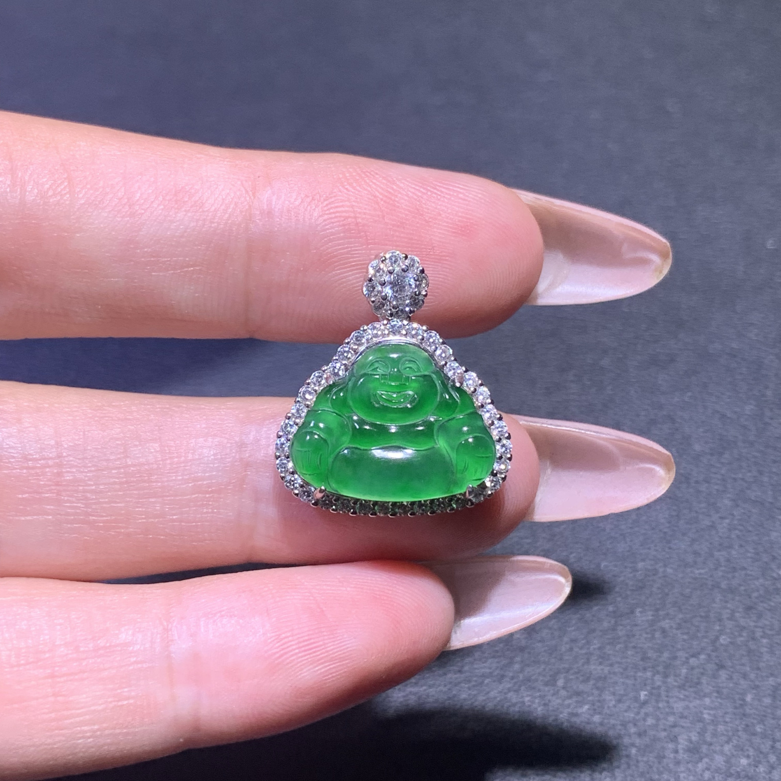 天然A货翡翠高冰阳绿佛公翡翠玉石吊坠S925纯银镶嵌精美礼物挂件