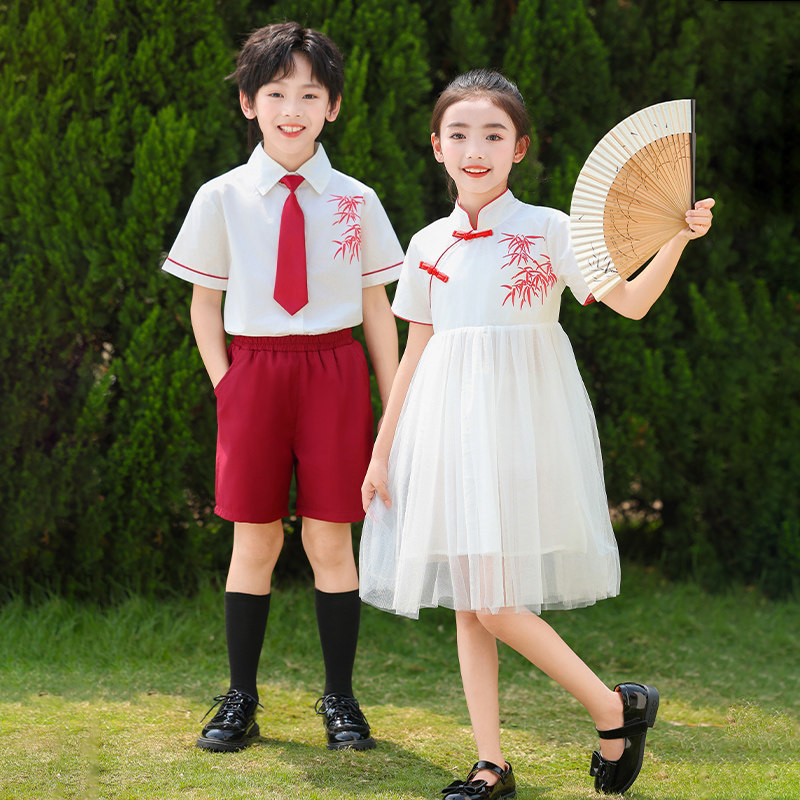 六一合唱演出服幼儿园毕业照班服小学生红色中国风朗诵蓬蓬裙套装
