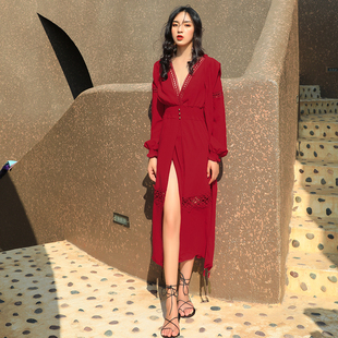 红色旅拍草原沙漠长裙云南西x藏旅游度假裙子很仙的民族风连衣裙