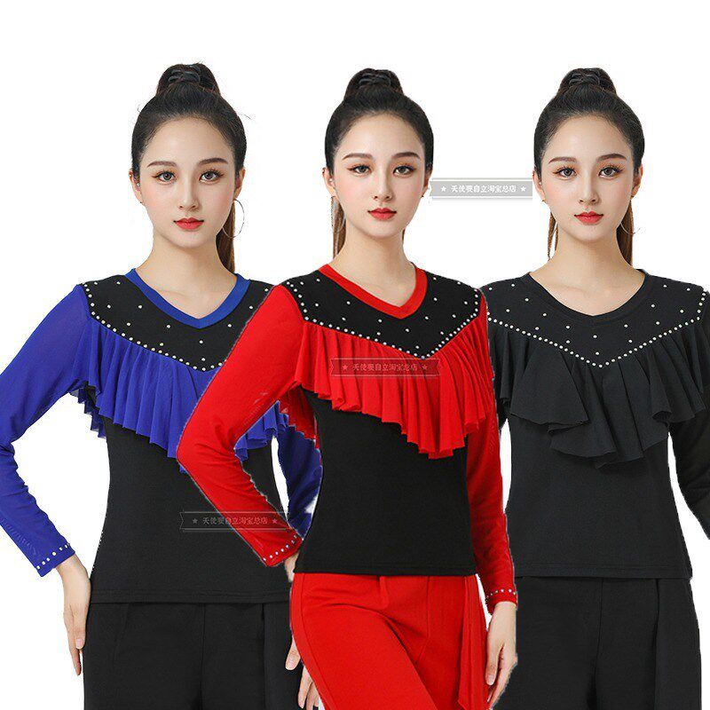 广场舞服装新款长袖上衣烫钻V领荷叶边吉特巴水兵U舞跳舞演出舞蹈