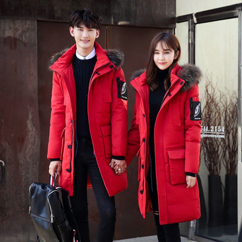 丰天商店新款羽绒服男女中长款过膝长款加厚情侣款真毛领韩版潮流