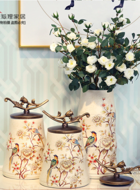 客厅玄关柜花鸟罐摆件 欧式美式创意时尚家居软装饰品样板房摆设