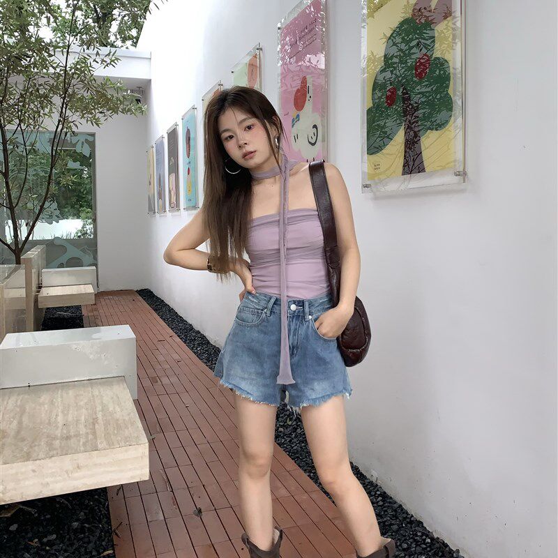 大美自制高腰 牛仔短裤 夏季新款显腿长热裤虚边设计 A字牛仔裤女
