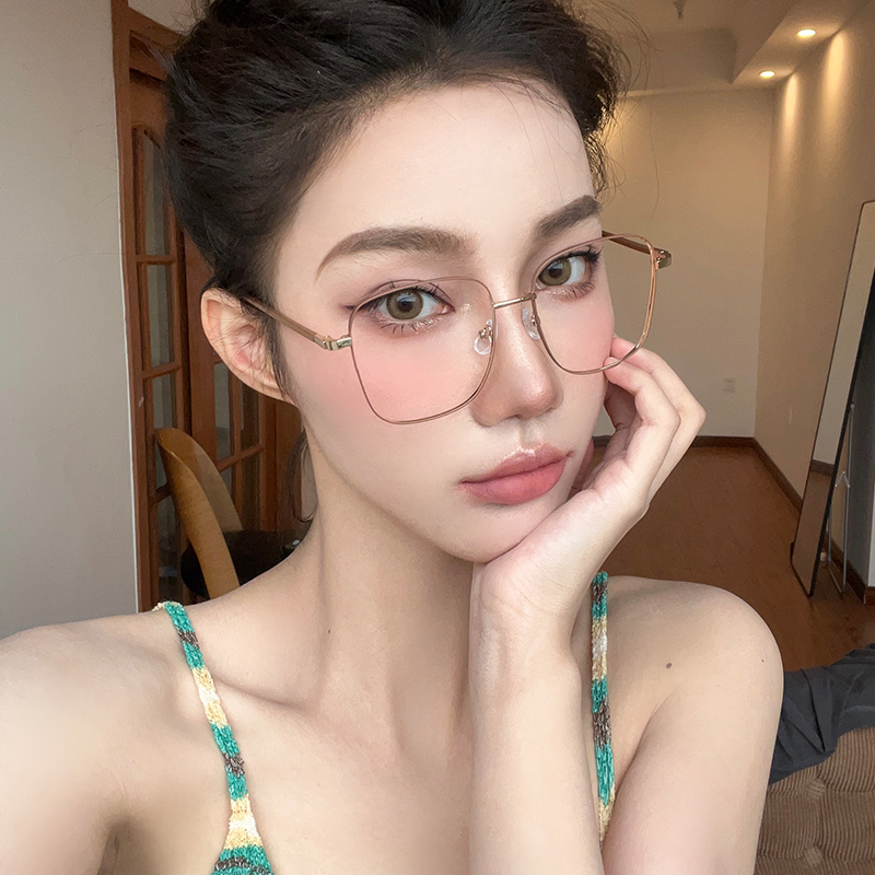 大方框金丝茶色i眼镜框女近视可配度数镜片圆脸显脸小细边眼睛架