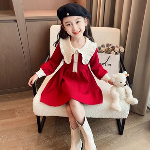 女童连衣裙秋冬款2023新款儿童红色裙子K宝宝毛衣裙新年衣服拜年