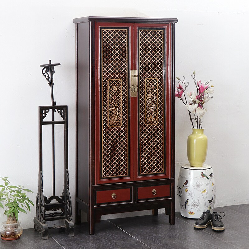 中式仿古典明清描金镂雕花窗实木书柜/樟木门储物柜/门厅立柜定制