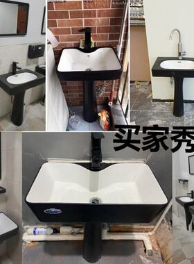 欧式黑白立柱洗手脸盆洗漱台一体落地式卫生间陶瓷V阳台家用面盆