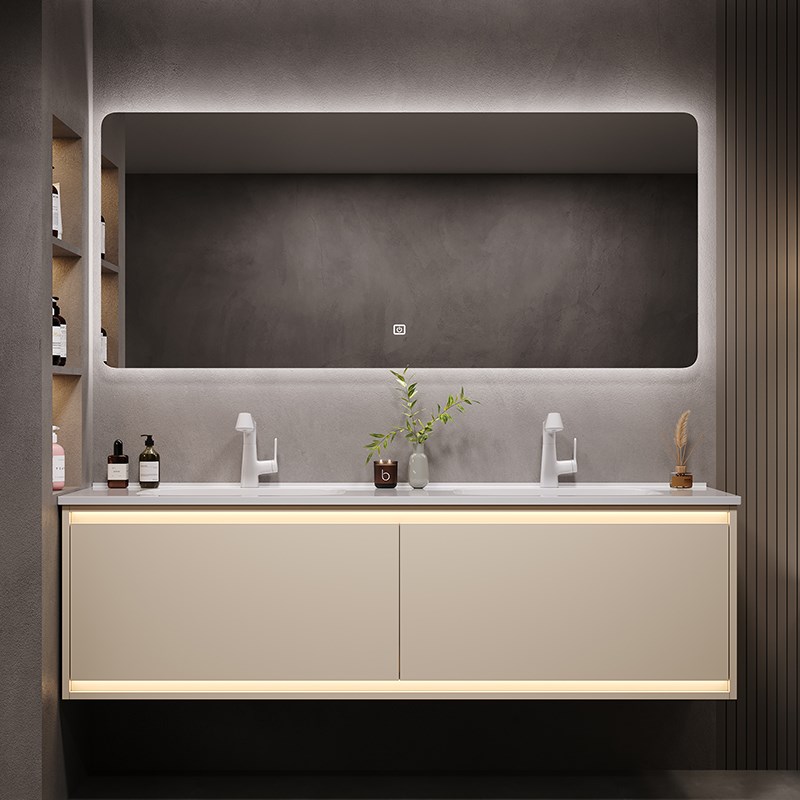 双盆浴室柜组合奶油风陶瓷一体盆洗漱台卫生间洗脸盆柜洗手台盆柜