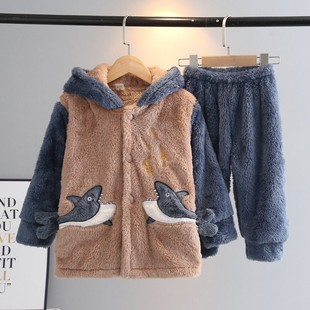 秋冬中长款儿童睡衣套装卡通长毛绒收口家居服男童带帽法兰绒睡衣