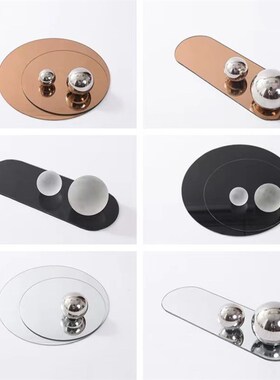 现代轻奢创意北欧圆形玻璃镜面托盘摆件样板房售楼处桌面软装饰品