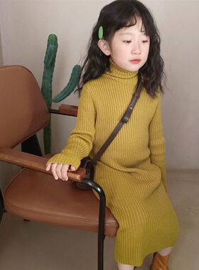 女童高领毛衣裙2024秋冬装新款宝宝针织百搭长裙儿童打底连衣裙潮