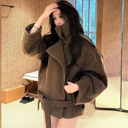 闭眼入!b!棕色双面羊绒立领毛呢外套女冬季气质短款加厚呢子大衣