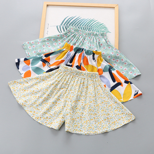 儿童棉绸宽松阔腿短裤 女孩洋气碎花沙滩裤 薄款 夏季 女童人造棉裙裤
