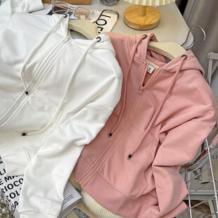 短款连帽卫衣女春秋2024新款韩版薄款宽松白色小个子拉链开衫外套