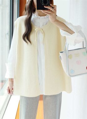 大码毛衣马甲背心女胖mm外穿秋冬宽松加厚系带胖妹妹无袖开衫外套