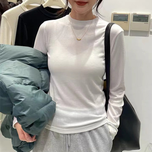半高领小立领打底衫女p修身显瘦长袖T恤春季加绒内搭洋气白色上衣