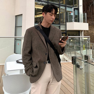 人字纹毛呢西装h男冬季加厚秋冬外套男士短款大衣休闲韩版复古宽