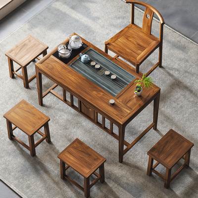 实木茶桌椅组合新中式茶台一桌五椅现代简约办公家用禅意原木茶台