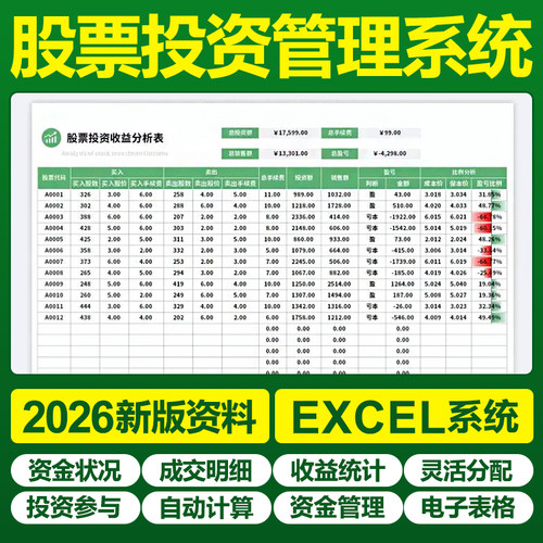 excel股票投资交易管理表格记录分析收益计算器盈亏统计对账模板