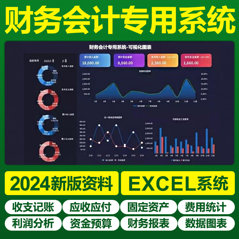 财务会计专用excel表格软件收支记账利润分析可视化资金预算报表