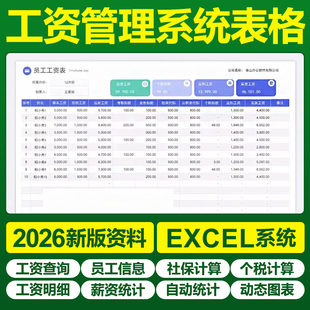 2026工资薪酬核算管理excel表格自动计算社保个税生成工资条图表
