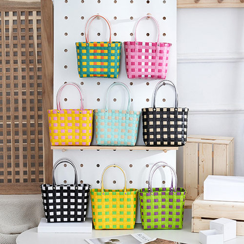 新款手工编织包撞色格子包购物篮