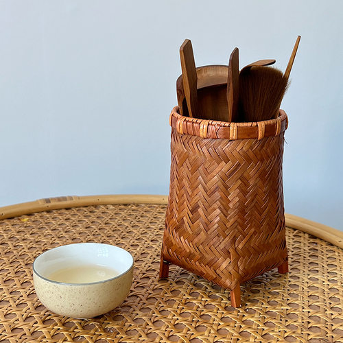 手工竹编茶道具田园风六君子笔筒