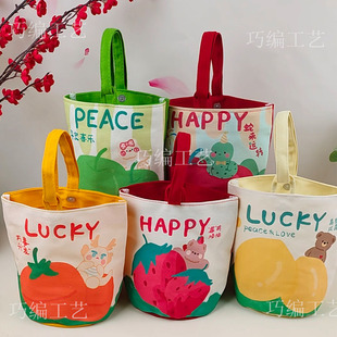 帆布包外出手提包包高颜值格纹水桶包插画女伴手礼品袋手拎便当袋