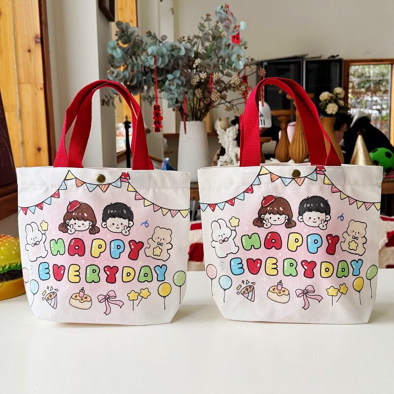可爱插画水桶手提生日伴手礼妈咪便当袋上班小拎包童趣涂鸦帆布包