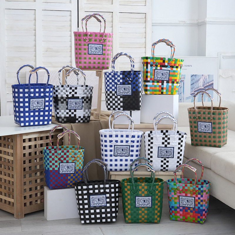 彩色格子手工编织包手提大象包彩虹包多色包包网红菜篮子包工厂